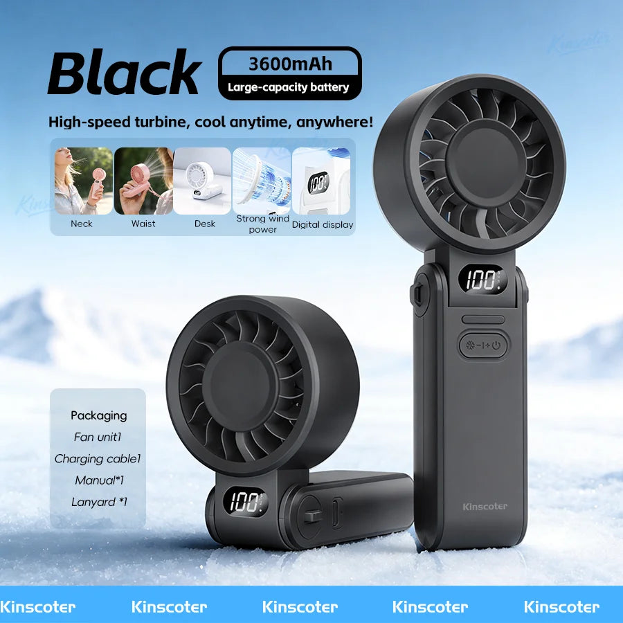 High-Speed Rechargeable Handheld Fan with 3600mAh Battery, Adjustable Wind Speeds, and Mini Foldable Design