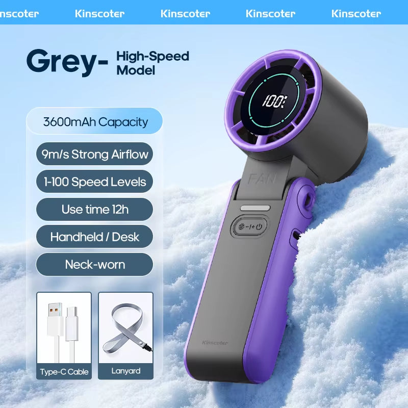 High-Speed Rechargeable Handheld Fan with 3600mAh Battery, Adjustable Wind Speeds, and Mini Foldable Design