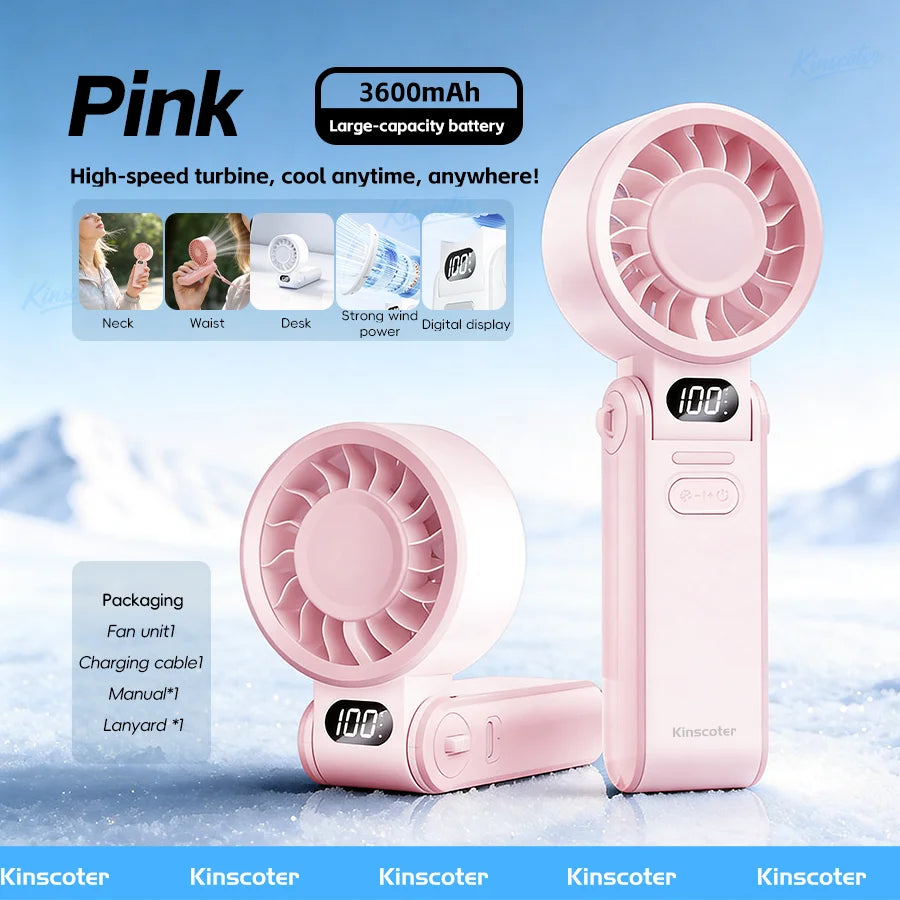 High-Speed Rechargeable Handheld Fan with 3600mAh Battery, Adjustable Wind Speeds, and Mini Foldable Design