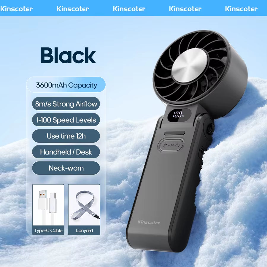 High-Speed Rechargeable Handheld Fan with 3600mAh Battery, Adjustable Wind Speeds, and Mini Foldable Design