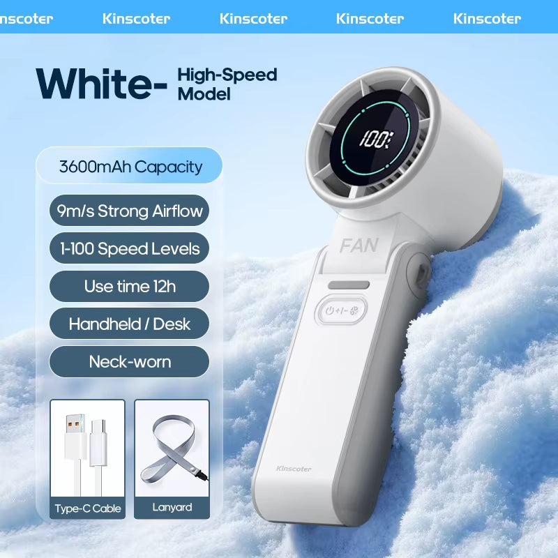 High-Speed Rechargeable Handheld Fan with 3600mAh Battery, Adjustable Wind Speeds, and Mini Foldable Design