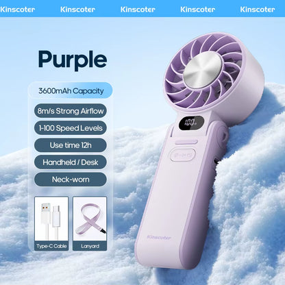 High-Speed Rechargeable Handheld Fan with 3600mAh Battery, Adjustable Wind Speeds, and Mini Foldable Design
