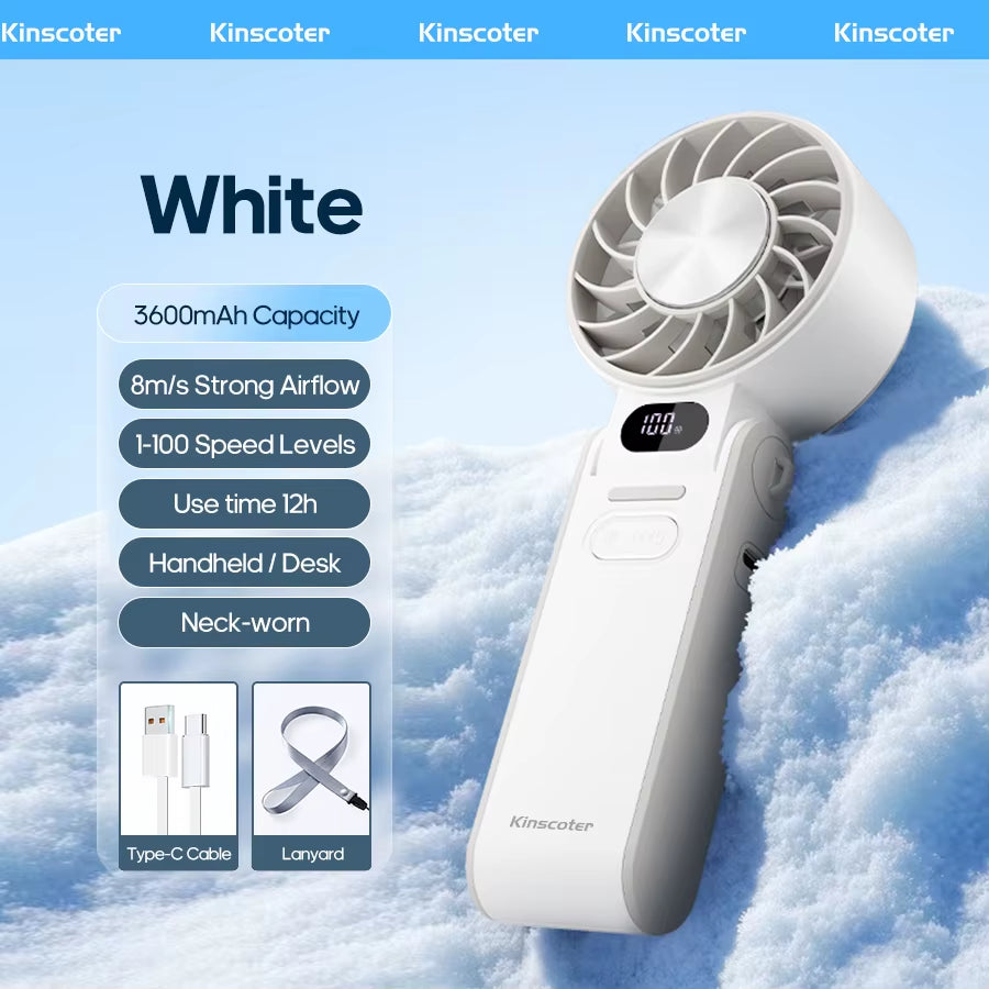 High-Speed Rechargeable Handheld Fan with 3600mAh Battery, Adjustable Wind Speeds, and Mini Foldable Design